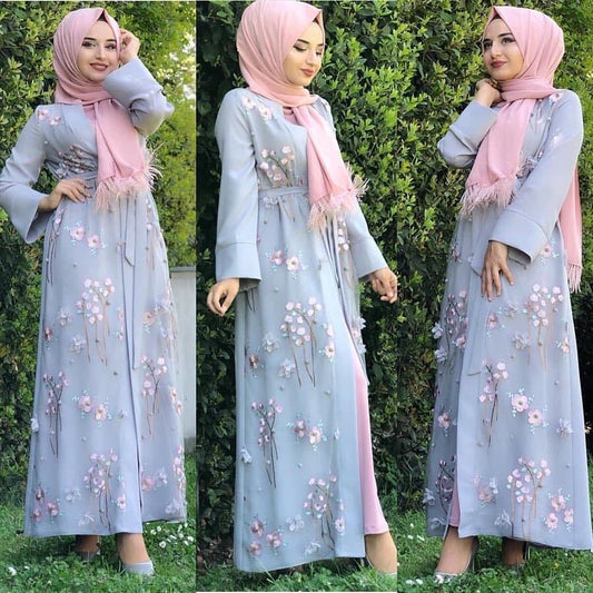 Muslim Print Abaya Kimono Floral Hijab Dress Arabic Dubai Af